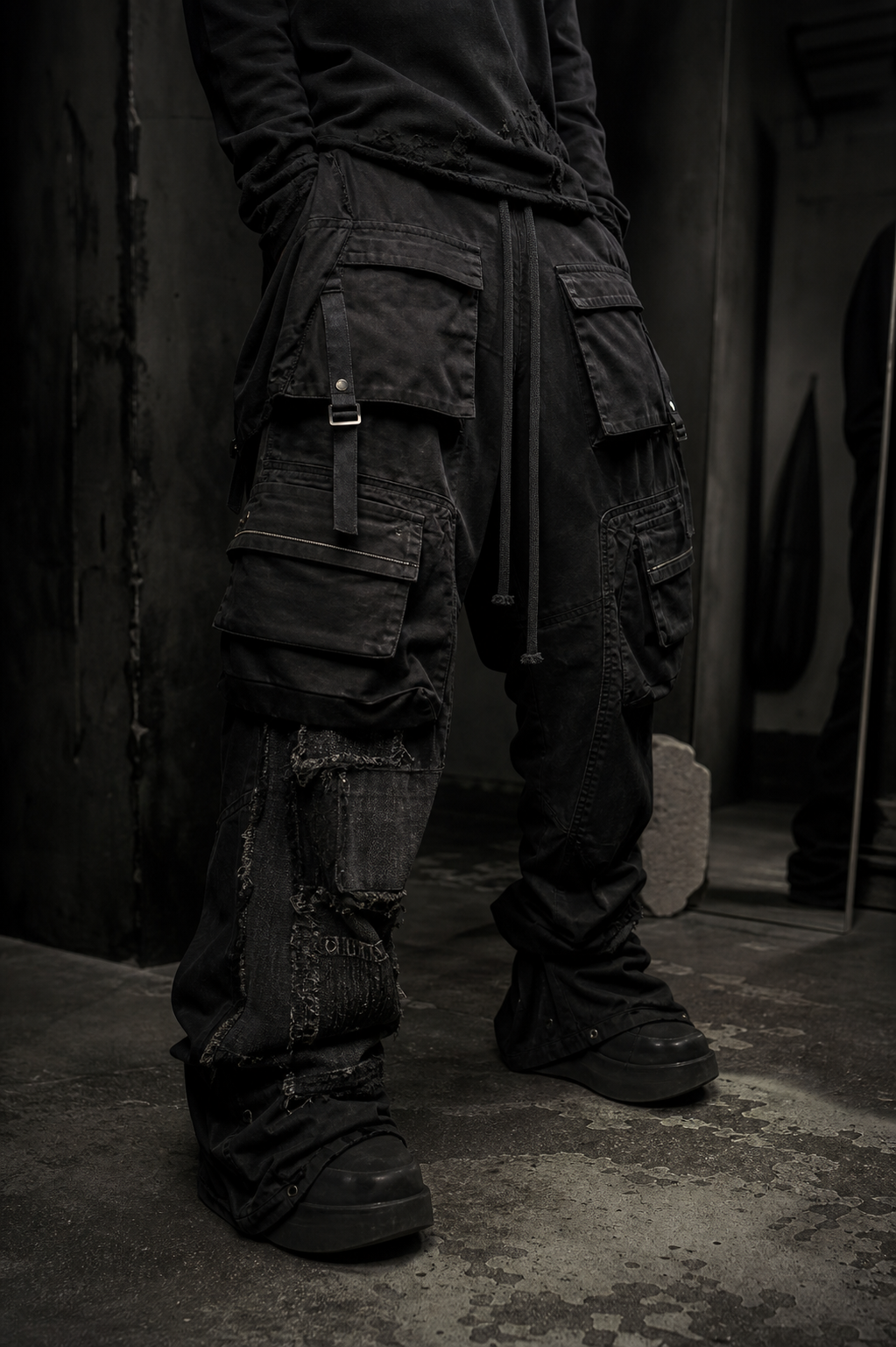 Black washed cargo trousers with repaired panels and utility pockets.