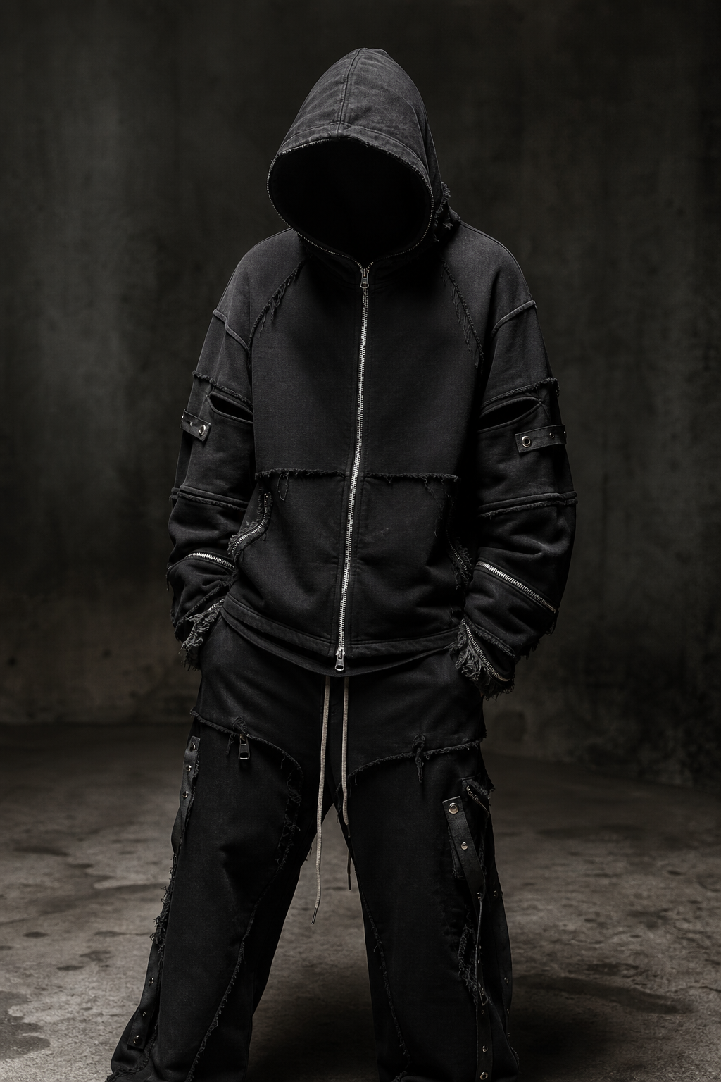 Faceless model wearing a black distressed modular zip hoodie with oxidized hardware.