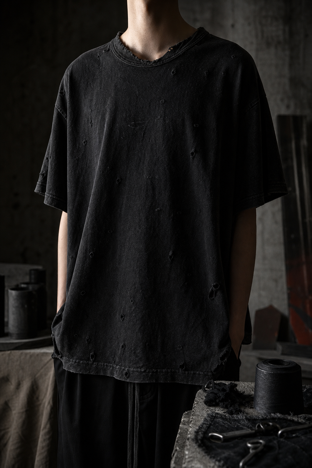 Oversized black heavyweight distressed tee worn in a concrete studio.