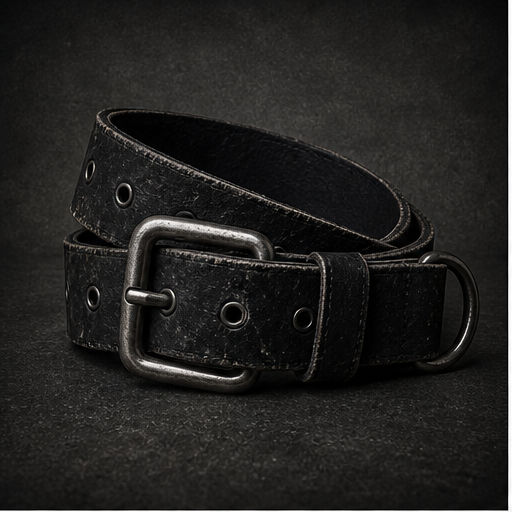 Black hardware and worn textile references for the CH0ZEN distressed belt.