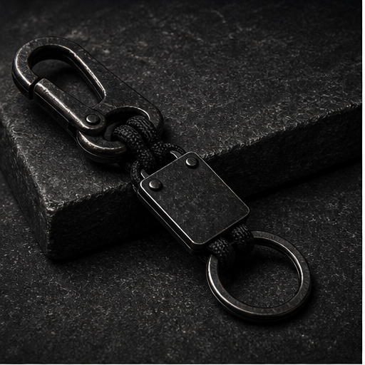 Oxidized hardware and black textiles for the CH0ZEN keychain.