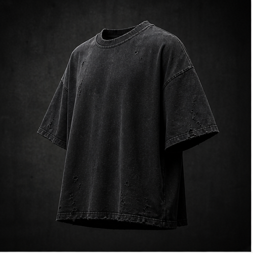 Oversized black heavyweight distressed tee worn in a concrete studio.