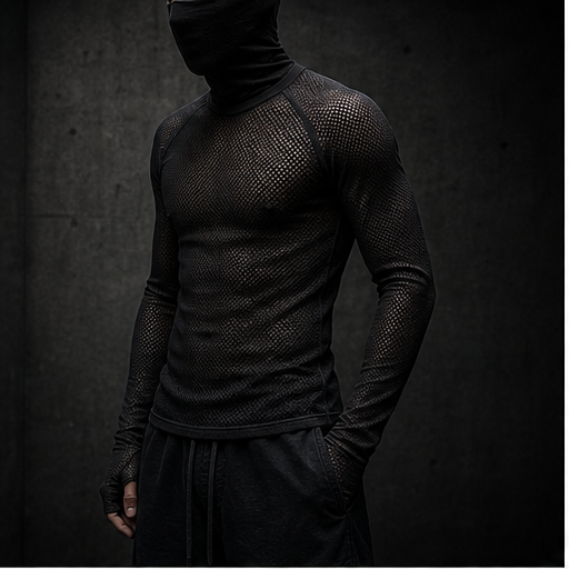 Black textile and thread details for the CH0ZEN mesh base layer.