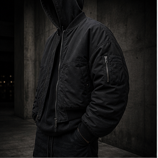 Dark CH0ZEN campaign image representing a panelled black bomber silhouette.