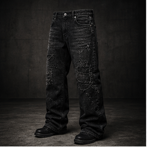 Close view of repaired black denim panels on a dark utility trouser.